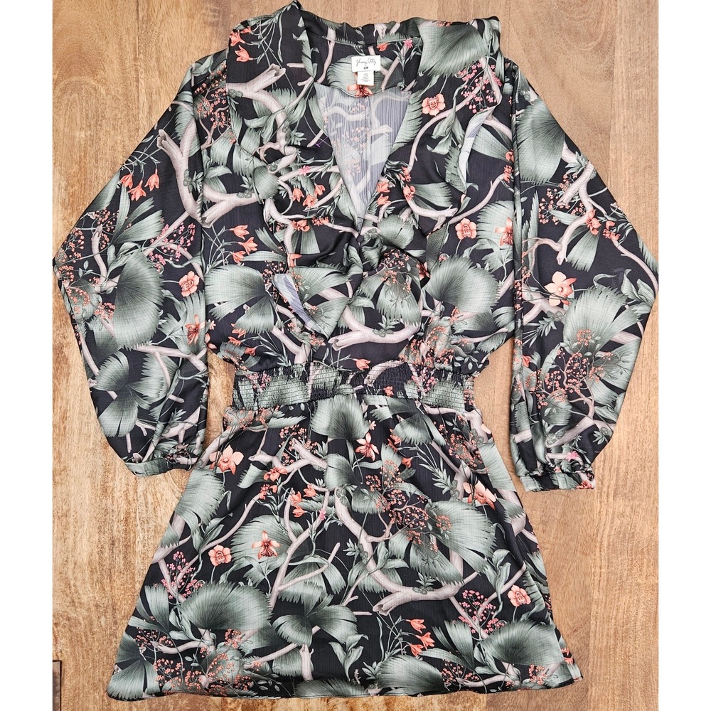 Johanna Ortiz x H&M Flounce Mini Dress Womens M Tropical Palm Floral Ruffled